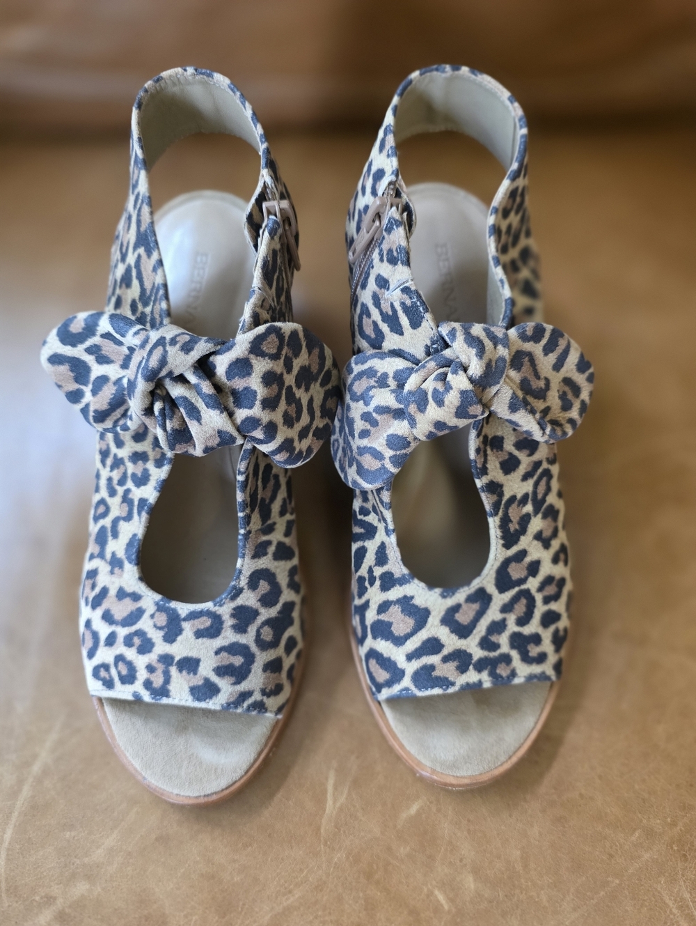 Bernardo Leopard Knot Front Slingback Heels in Beige and Black
